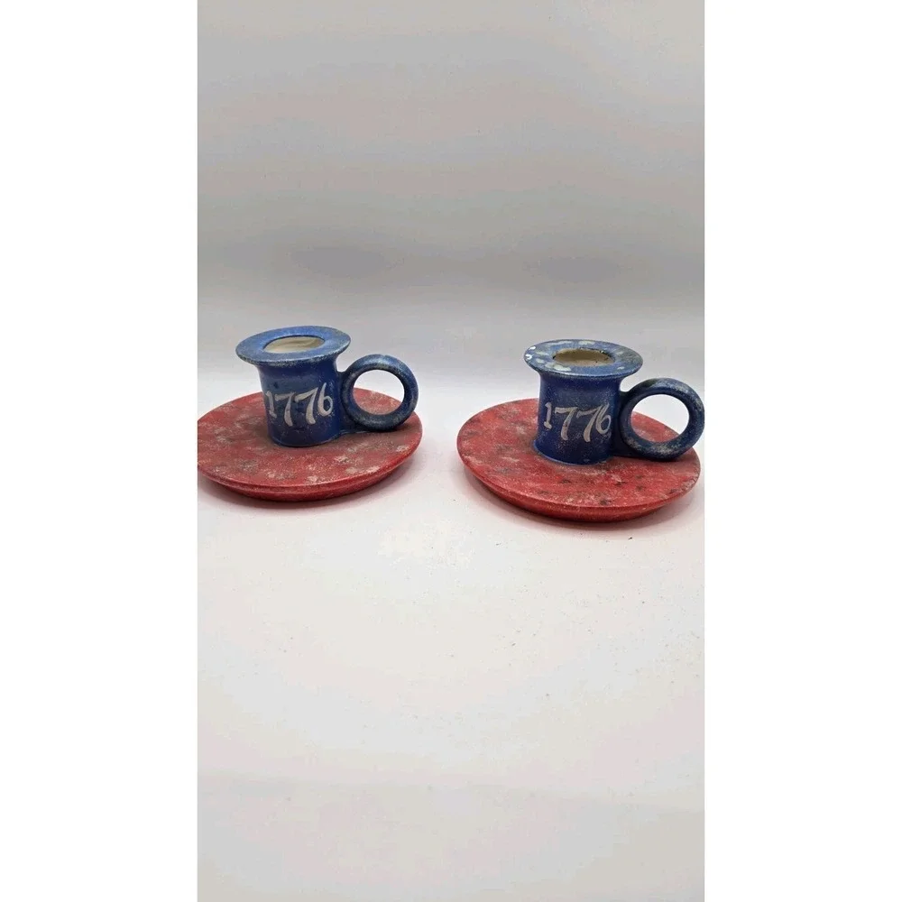 Patriotic 1776 Ceramic Chamberstick Candle Holders Pair Rustic Americana Decor